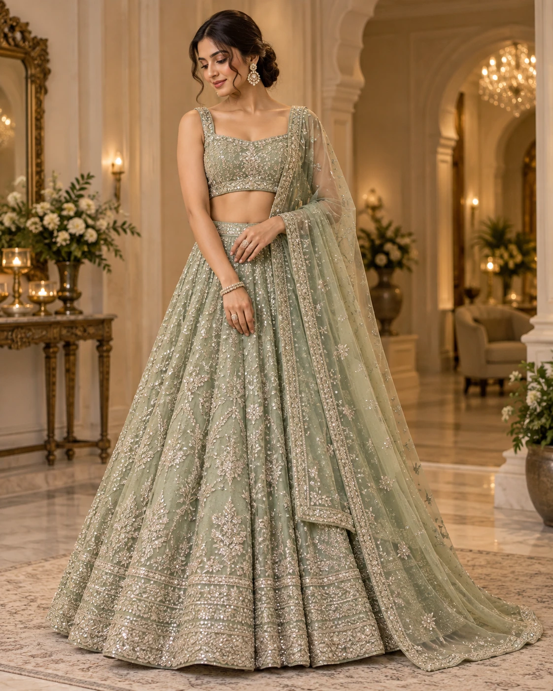 Meher Sage Green Embroidered Lehenga