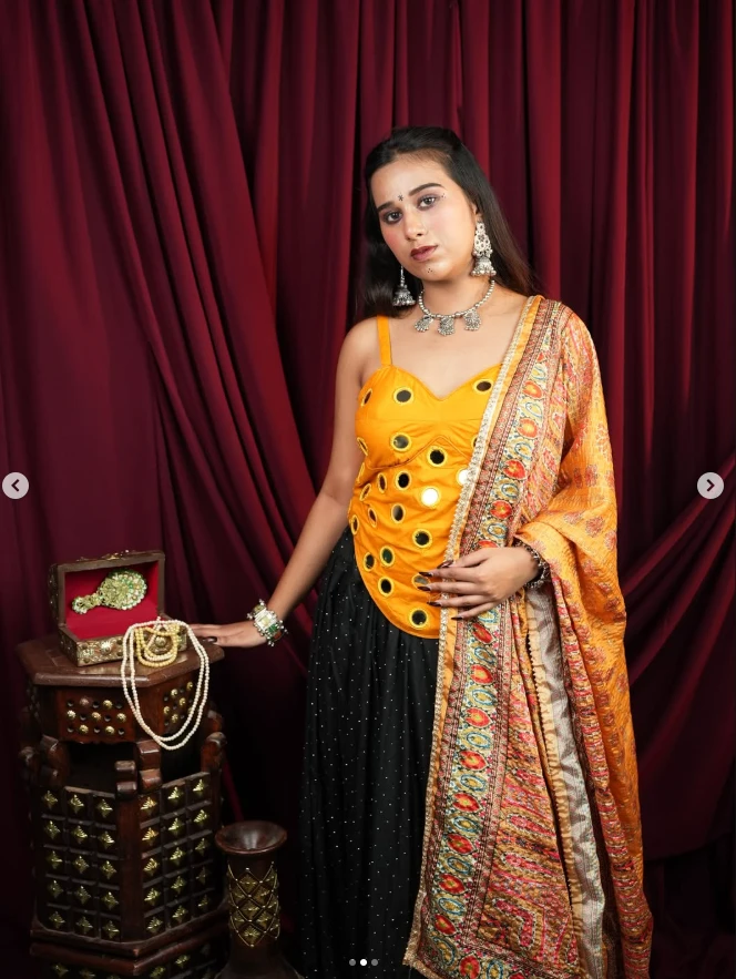 Kesari Raas Mustard & Black Lehenga Set