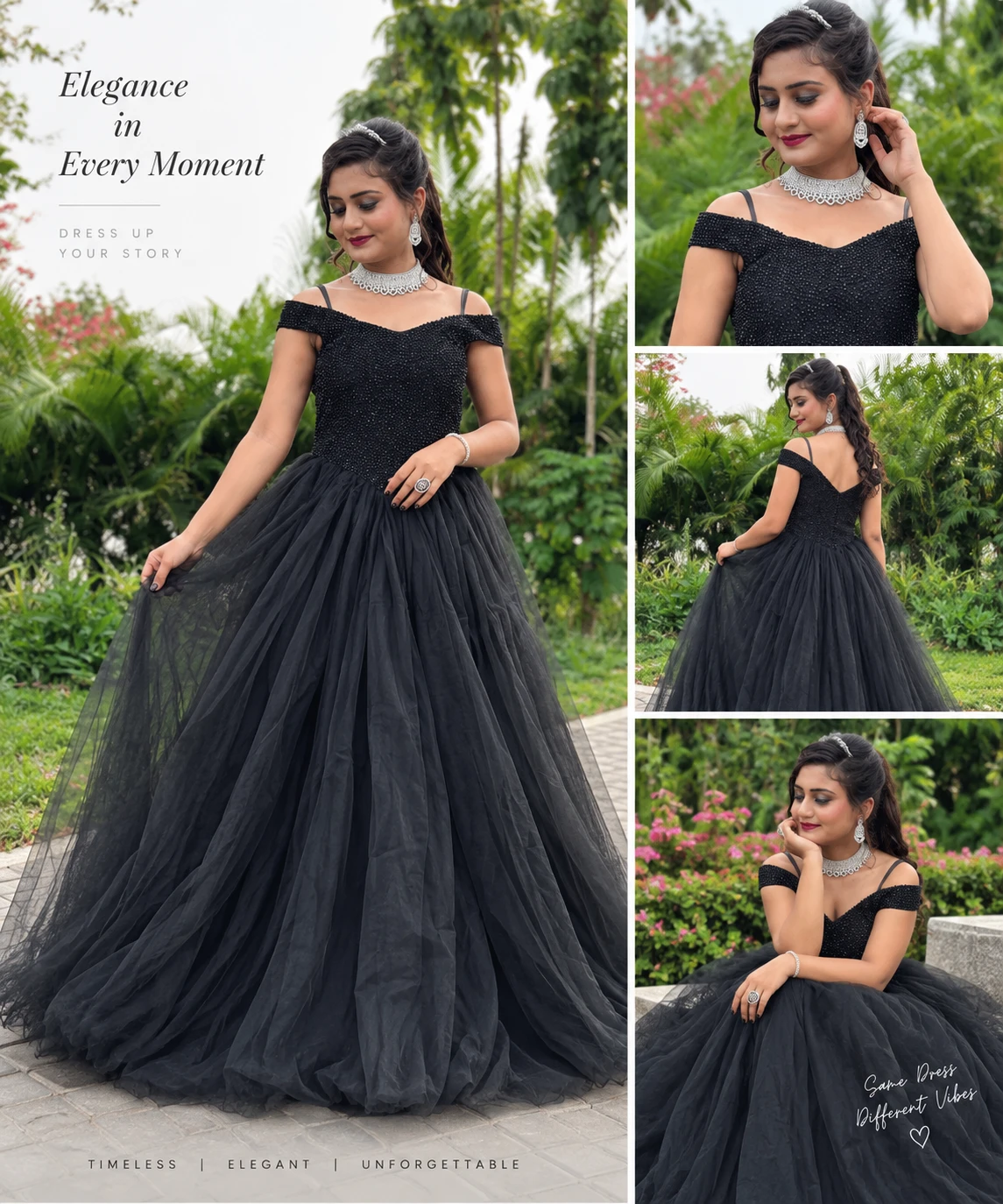 Midnight Black Embellished Off-Shoulder Gown