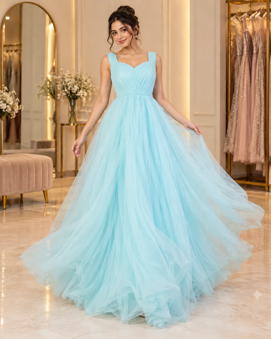 Ice Blue Pleated Flared Gown